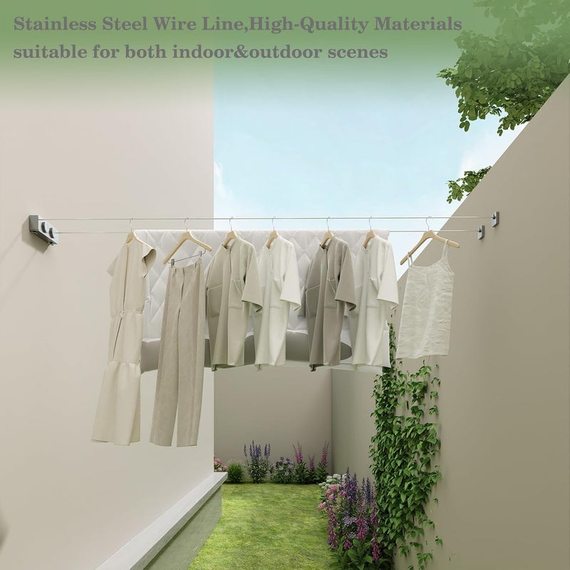 Danpoo Retractable Clothesline, Anti-Sag Adjustable Knob Heavy-Duty Clothes Line for Indoors/Outdoors with 2 * 13.8ft Stainless Steel Wire, Laundry Wall Drying Solutions, Gray - Image 4